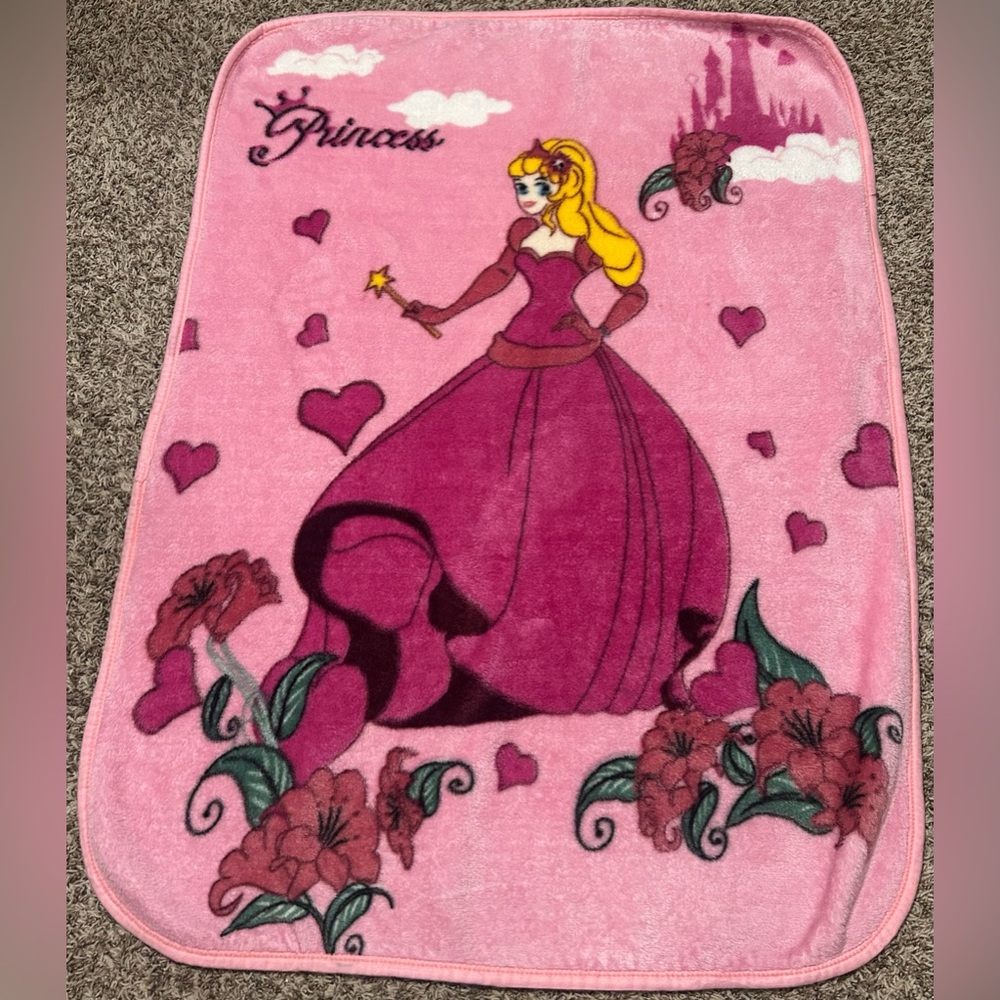 Princess Vintage Blanket Pink Castle Wand Heart Flowers